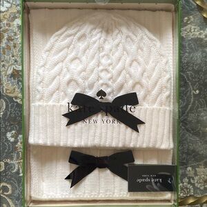 Kate Spade White Knit Beanie and Scarf Set